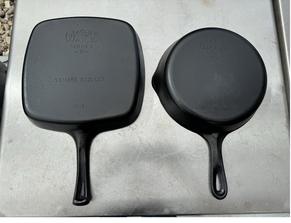 Restored Wagner Ware Sidney square skillet 1218 and round 1056 with crisp markings
